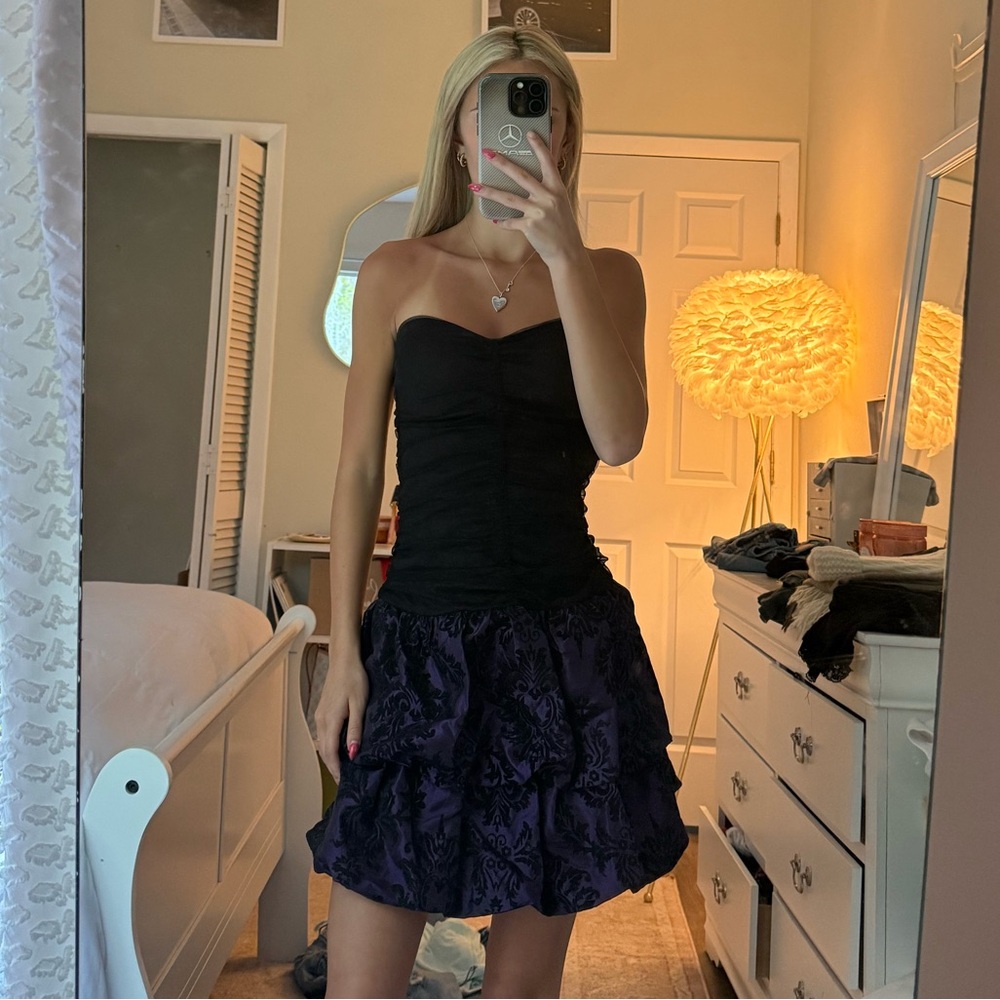 Strapless Black Bodice with Purple Jacquard Skirt Women's Dress